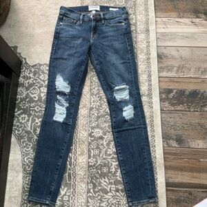 Frame Denim Distressed Skinny Jeans in Dark Blue